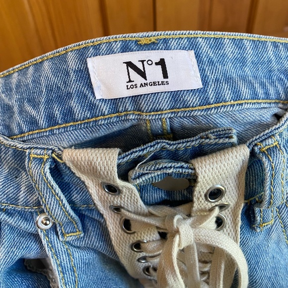 High Waist Lace Up Distressed Jean Shorts - Picture 6 of 7